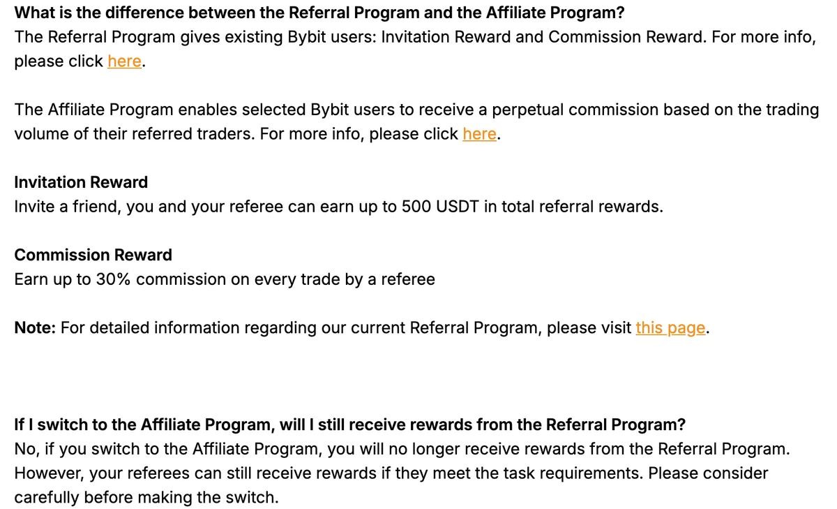 Bybit 英文问答:Referral Program 与 Affiliate Program 的区别及转换后的奖励